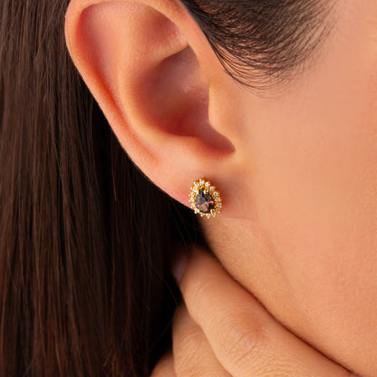 Teardrop Smoky Quartz Bezel Stud Earrings in 10K/14K Solid Gold Surrounded with Real Diamonds, Birthstone Jewelry