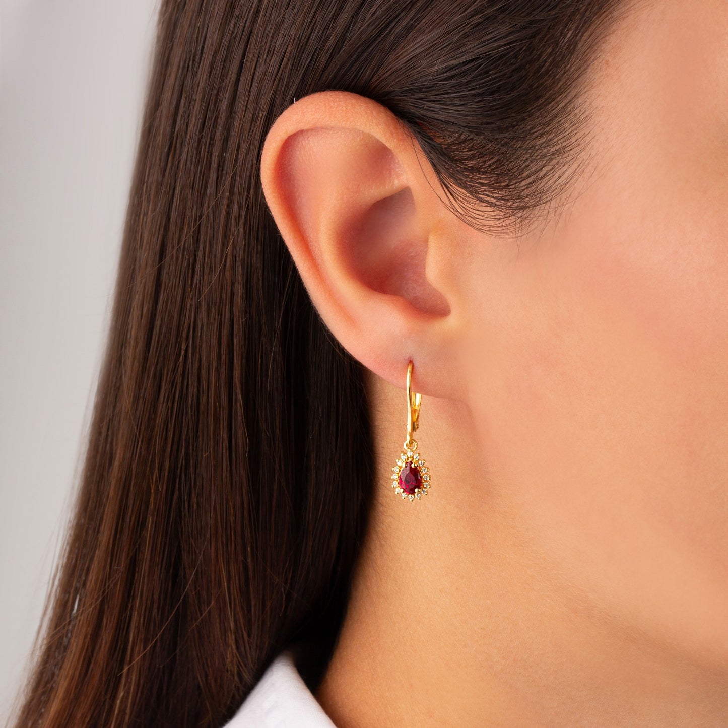 Teardrop Ruby Bezel Dangling Earrings in 8K/10K/14K Solid Gold Surrounded with Real Diamonds, July Birthstone Jewelry