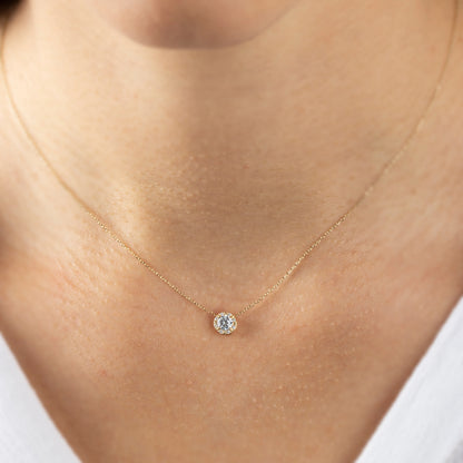 Round White Topaz Necklace Surrounded by Real Diamonds, 8K/10K/14K Solid Gold