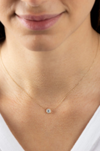 Round White Topaz Necklace Surrounded by Real Diamonds, 8K/10K/14K Solid Gold