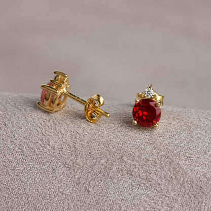Round Ruby Stud Earring in 10K/14K Solid Gold with Single Stone Real Diamond, July Birthstone Jewelry