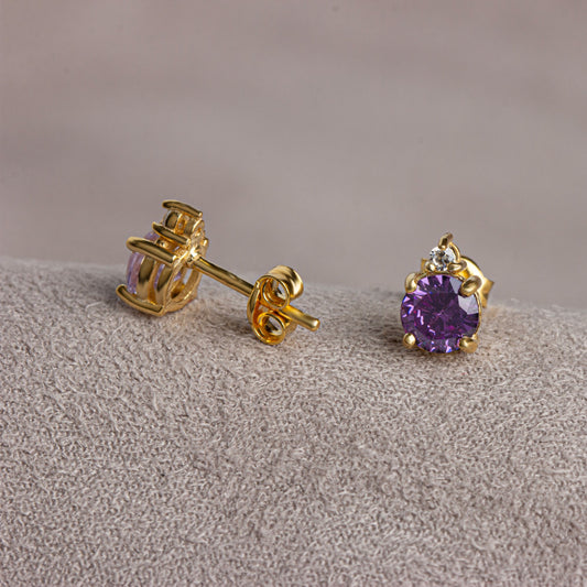Round Amethyst Stud Earring in 10K/14K Solid Gold with Single Stone Real Diamond, February Birthstone Jewelry