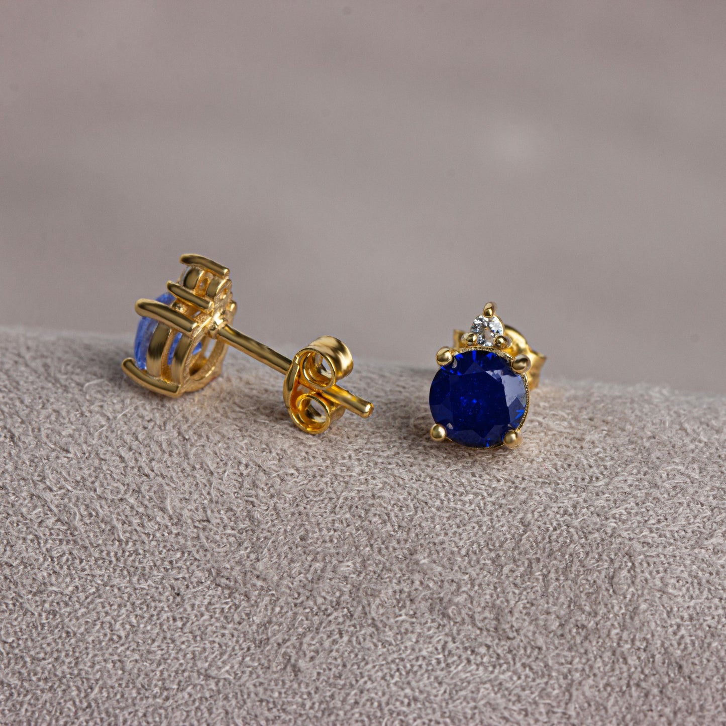 Round Sapphire Stud Earring in 10K/14K Solid Gold with Single Stone Real Diamond, September Birthstone Jewelry