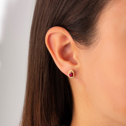 Teardrop Ruby Bezel Stud Earrings in 10K/14K Solid Gold Surrounded with Real Diamonds, July Birthstone Jewelry