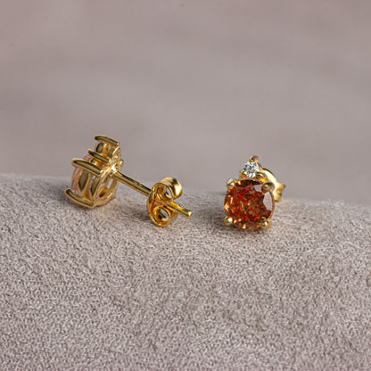 Round Citrine Stud Earring in 10K/14K Solid Gold with Single Stone Real Diamond, November Birthstone Jewelry