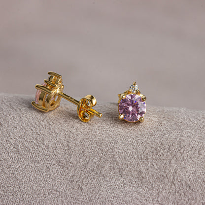 Round Pink Tourmaline Stud Earring in 10K/14K Solid Gold with Single Stone Real Diamond, October Birthstone Jewelry