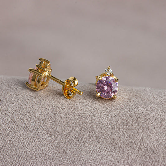 Round Pink Tourmaline Stud Earring in 10K/14K Solid Gold with Single Stone Real Diamond, October Birthstone Jewelry