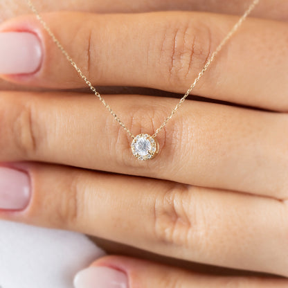 Round White Topaz Necklace Surrounded by Real Diamonds, 8K/10K/14K Solid Gold