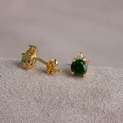 Round Emerald Stud Earring in 10K/14K Solid Gold with Single Stone Real Diamond, May Birthstone Jewelry