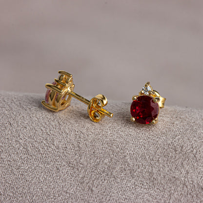 Round Garnet Stud Earring in 10K/14K Solid Gold with Single Stone Real Diamond, January Birthstone Jewelry