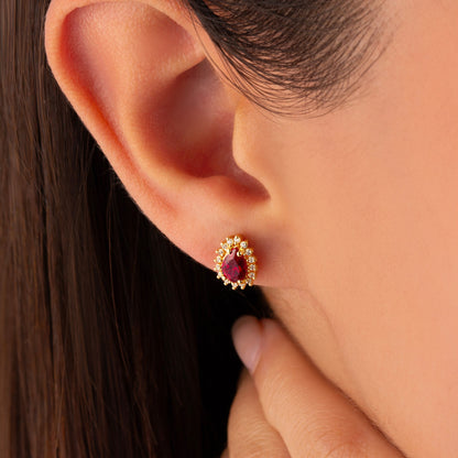 Teardrop Ruby Bezel Stud Earrings in 10K/14K Solid Gold Surrounded with Real Diamonds, July Birthstone Jewelry