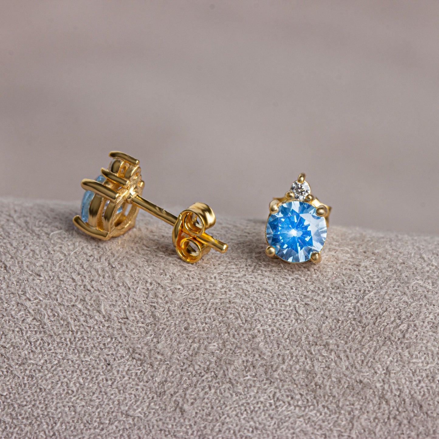 Round Aquamarine Stud Earring in 10K/14K Solid Gold with Single Stone Real Diamond, March Birthstone Jewelry