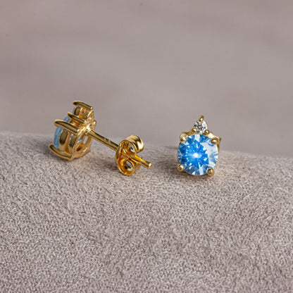 Round Aquamarine Stud Earring in 10K/14K Solid Gold with Single Stone Real Diamond, March Birthstone Jewelry