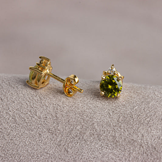 Round Peridot Stud Earring in 10K/14K Solid Gold with Single Stone Real Diamond, August Birthstone Jewelry