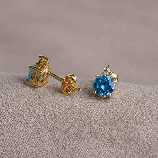 Round Blue Topaz Stud Earring in 10K/14K Solid Gold with Single Stone Real Diamond, December Birthstone Jewelry