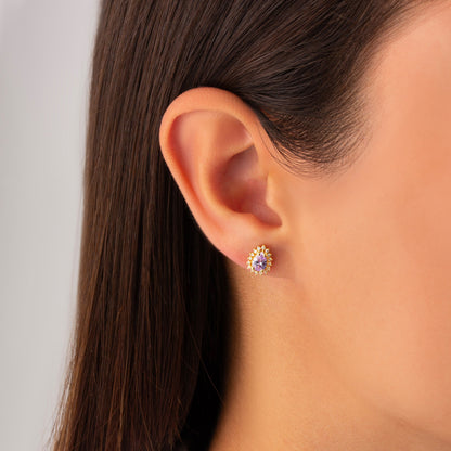 Teardrop Alexandrite Bezel Stud Earrings in 10K/14K Solid Gold Surrounded with Real Diamonds, June Birthstone Jewelry