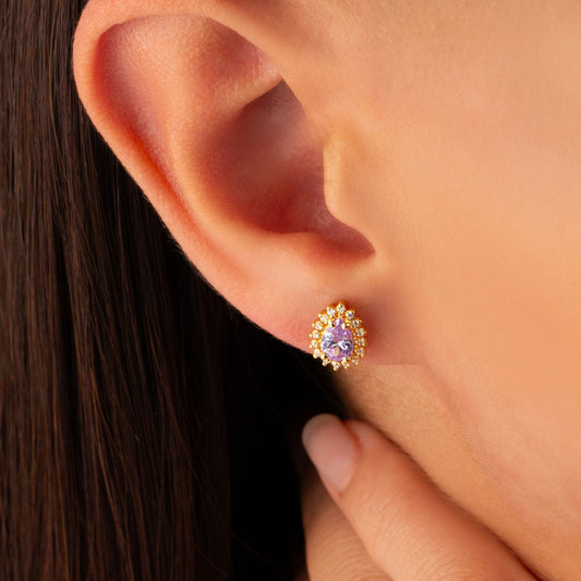 Teardrop Alexandrite Bezel Stud Earrings in 10K/14K Solid Gold Surrounded with Real Diamonds, June Birthstone Jewelry