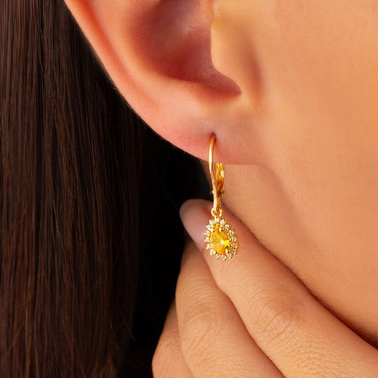 Teardrop Yellow Topaz Bezel Dangling Earrings in 14K Solid Gold Surrounded with Real Diamonds, November Birthstone Jewelry