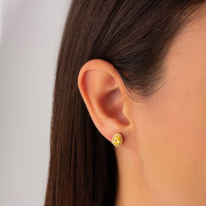 Teardrop Yellow Topaz Bezel Stud Earrings in 10K/14K Solid Gold Surrounded with Real Diamonds, Birthstone Jewelry