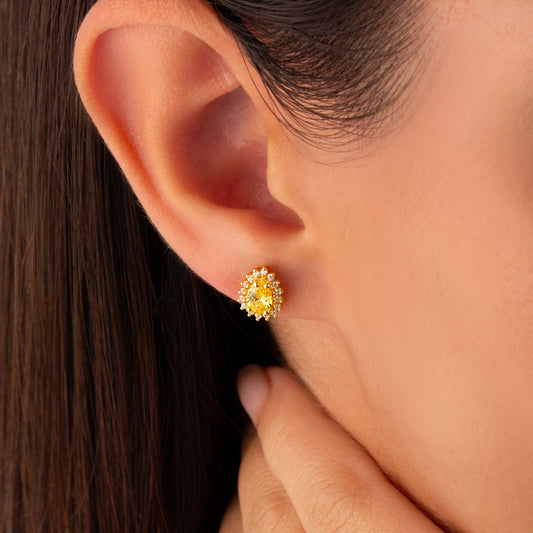 Teardrop Yellow Topaz Bezel Stud Earrings in 10K/14K Solid Gold Surrounded with Real Diamonds, Birthstone Jewelry