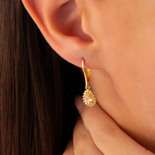 Teardrop Citrine Bezel Dangling Earrings in 14K Solid Gold Surrounded with Real Diamonds, November Birthstone Jewelry