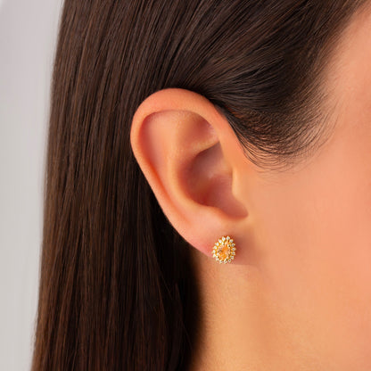 Teardrop Citrine Bezel Stud Earrings in 10K/14K Solid Gold Surrounded with Real Diamonds, November Birthstone Jewelry