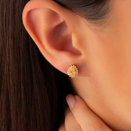 Teardrop Citrine Bezel Stud Earrings in 10K/14K Solid Gold Surrounded with Real Diamonds, November Birthstone Jewelry