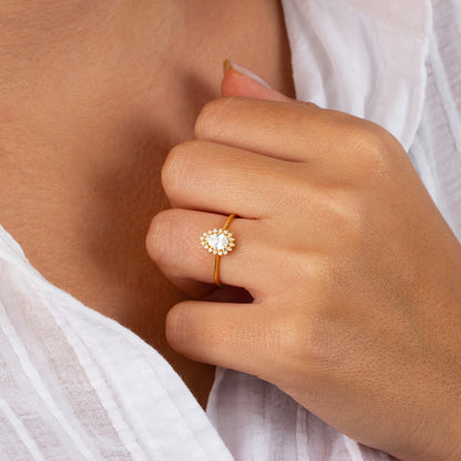 Teardrop White Topaz Ring in 8K/10K/14K Solid Gold Surrounded with Real Diamonds, April Birthstone Jewelry