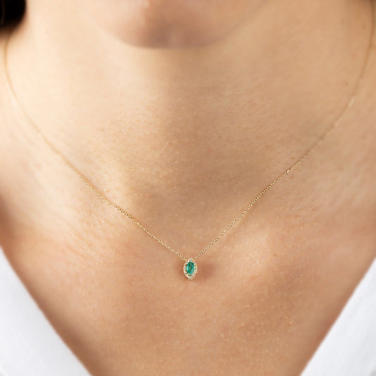 Emerald Marquise Cut Necklace in 8K/10K/14K Solid Gold with Real Diamonds, May Birthstone