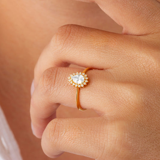 Teardrop White Topaz Ring in 8K/10K/14K Solid Gold Surrounded with Real Diamonds, April Birthstone Jewelry