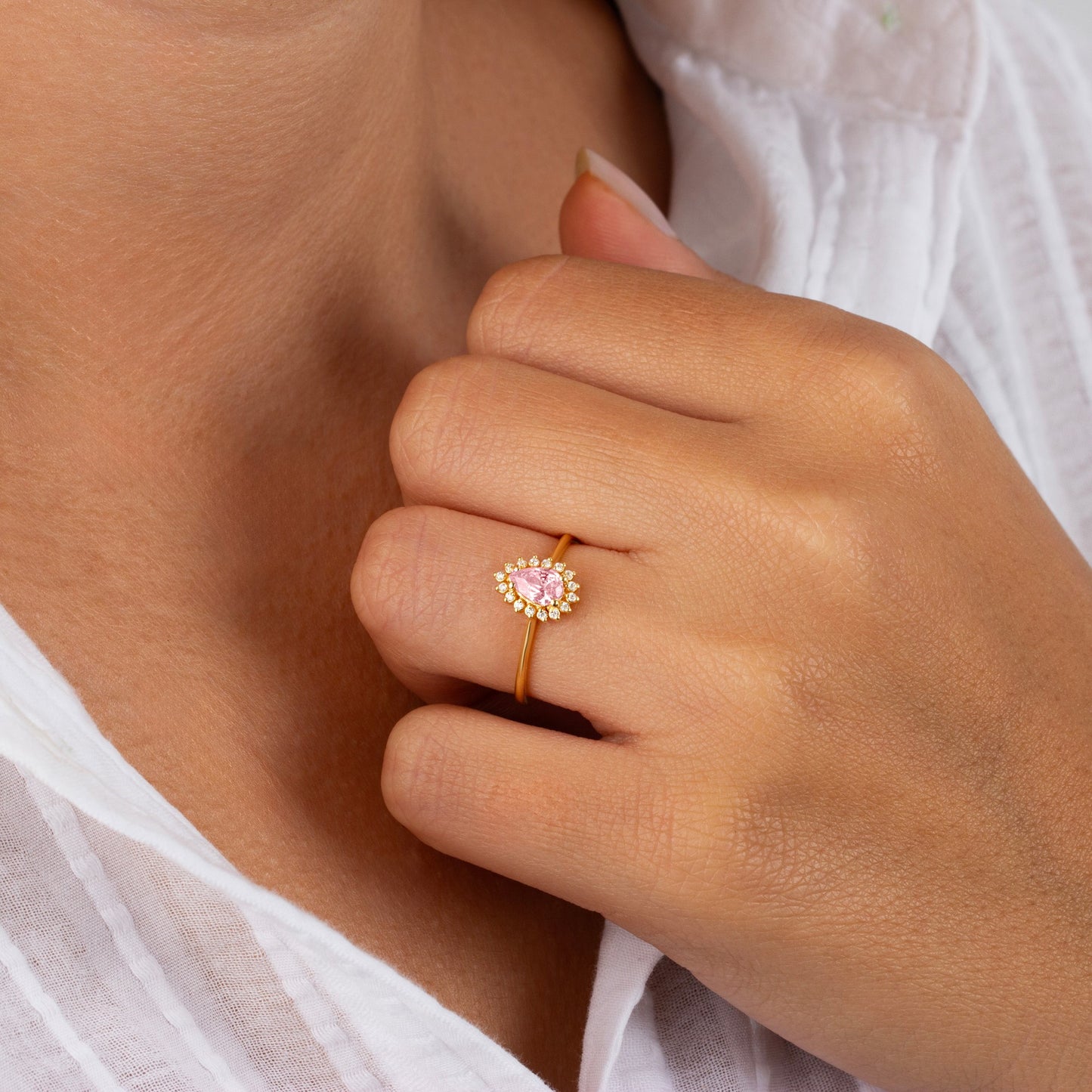 Teardrop Pink Tourmaline Ring in 8K/10K/14K Solid Gold Surrounded with Real Diamonds, October Birthstone Jewelry