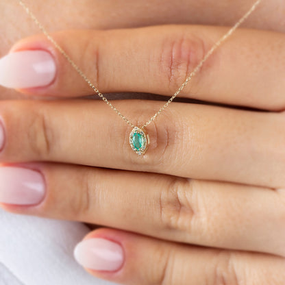 Emerald Marquise Cut Necklace in 8K/10K/14K Solid Gold with Real Diamonds, May Birthstone