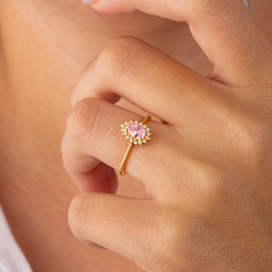 Teardrop Pink Tourmaline Ring in 8K/10K/14K Solid Gold Surrounded with Real Diamonds, October Birthstone Jewelry