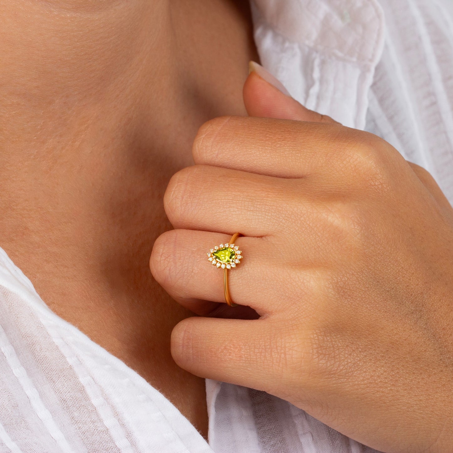 Teardrop Peridot Ring in 8K/10K/14K Solid Gold Surrounded with Real Diamonds, August Birthstone Jewelry