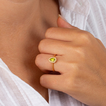 Teardrop Peridot Ring in 8K/10K/14K Solid Gold Surrounded with Real Diamonds, August Birthstone Jewelry