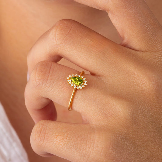 Teardrop Peridot Ring in 8K/10K/14K Solid Gold Surrounded with Real Diamonds, August Birthstone Jewelry