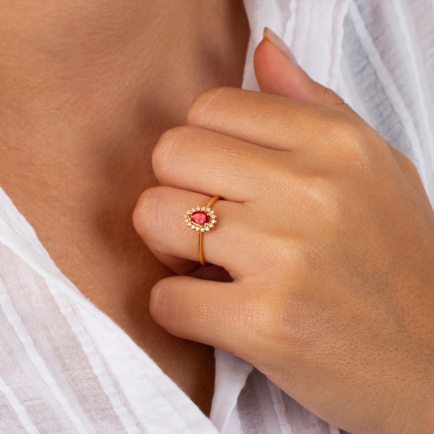 Teardrop Garnet Ring in 8K/10K/14K Solid Gold Surrounded with Real Diamonds, January Birthstone Jewelry