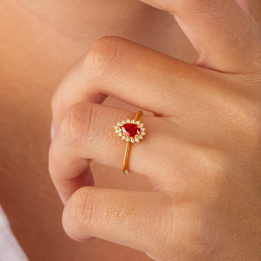 Teardrop Garnet Ring in 8K/10K/14K Solid Gold Surrounded with Real Diamonds, January Birthstone Jewelry