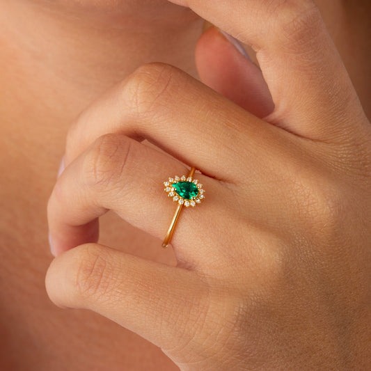 Teardrop Emerald Ring in 8K/10K/14K Solid Gold Surrounded with Real Diamonds, May Birthstone Jewelry
