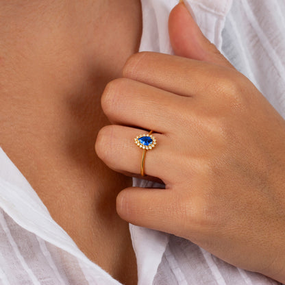 Teardrop Sapphire Ring in 8K/10K/14K Solid Gold Surrounded with Real Diamonds, September Birthstone Jewelry