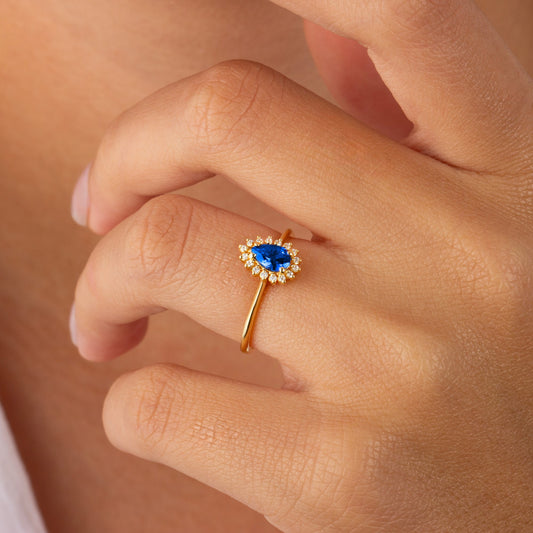 Teardrop Sapphire Ring in 8K/10K/14K Solid Gold Surrounded with Real Diamonds, September Birthstone Jewelry