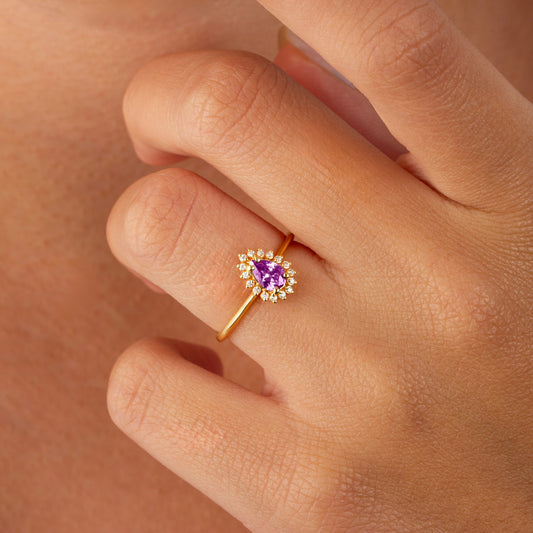 Teardrop Amethyst Ring in 8K/10K/14K Solid Gold Surrounded with Real Diamonds, February Birthstone Jewelry