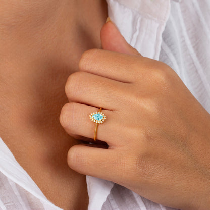 Teardrop Aquamarine Ring in 8K/10K/14K Solid Gold Surrounded with Real Diamonds, March Birthstone Jewelry