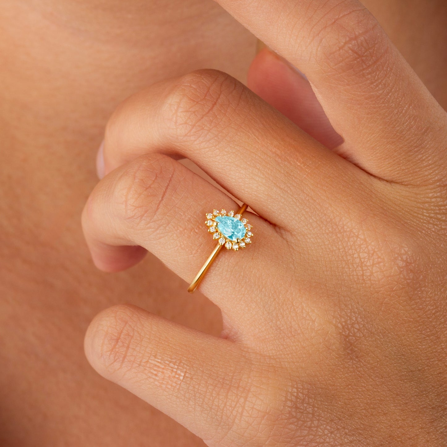 Teardrop Aquamarine Ring in 8K/10K/14K Solid Gold Surrounded with Real Diamonds, March Birthstone Jewelry