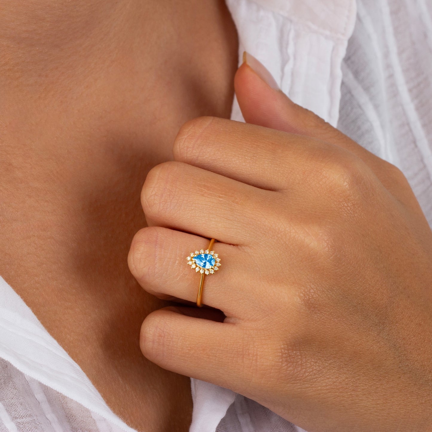 Teardrop Blue Topaz Ring in 8K/10K/14K Solid Gold Surrounded with Real Diamonds, December Birthstone Jewelry