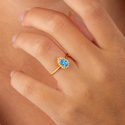 Teardrop Blue Topaz Ring in 8K/10K/14K Solid Gold Surrounded with Real Diamonds, December Birthstone Jewelry