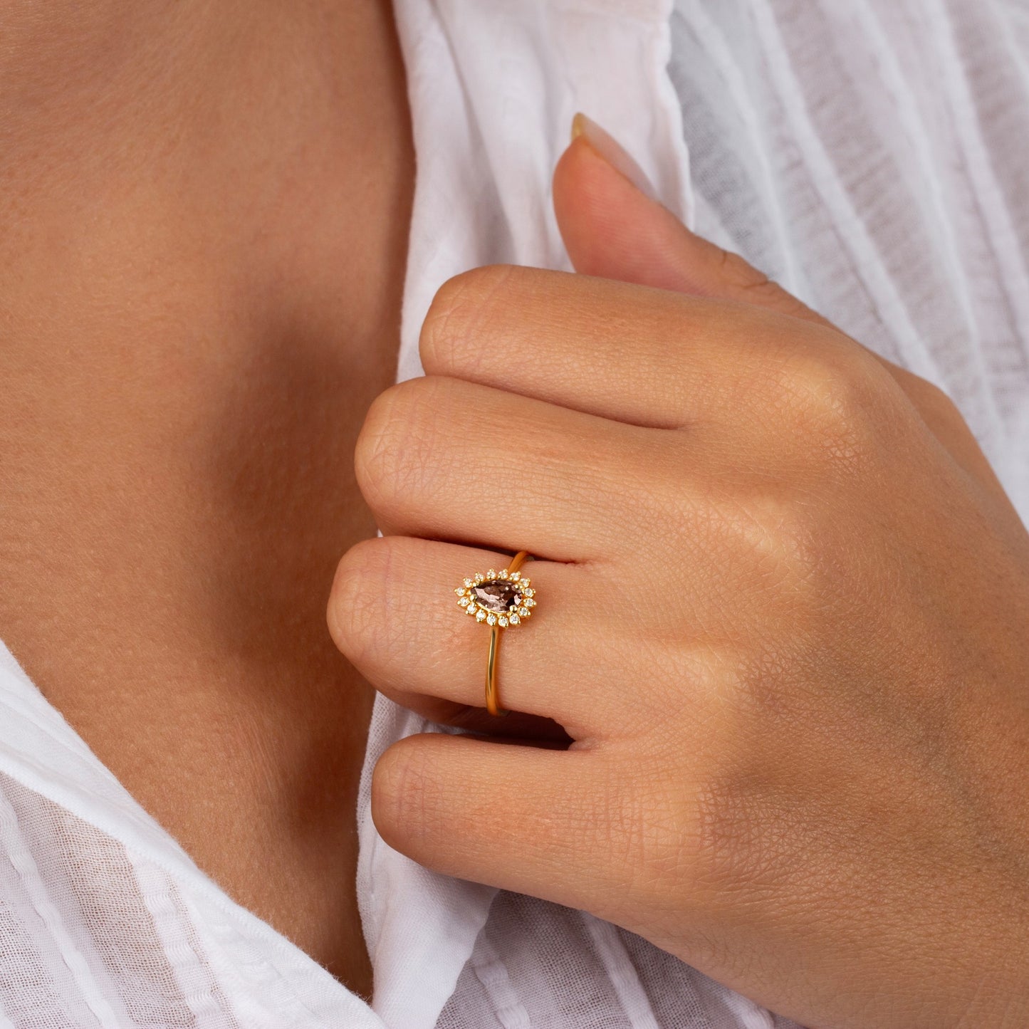 Teardrop Smoky Quartz Ring in 8K/10K/14K Solid Gold Surrounded with Real Diamonds, Birthstone Jewelry