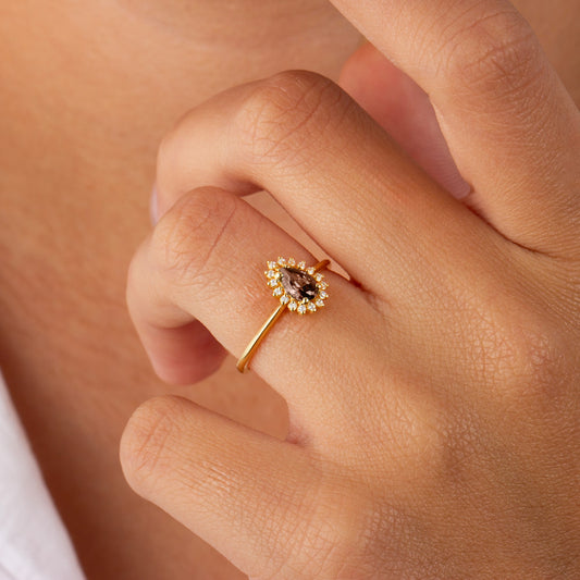 Teardrop Smoky Quartz Ring in 8K/10K/14K Solid Gold Surrounded with Real Diamonds, Birthstone Jewelry