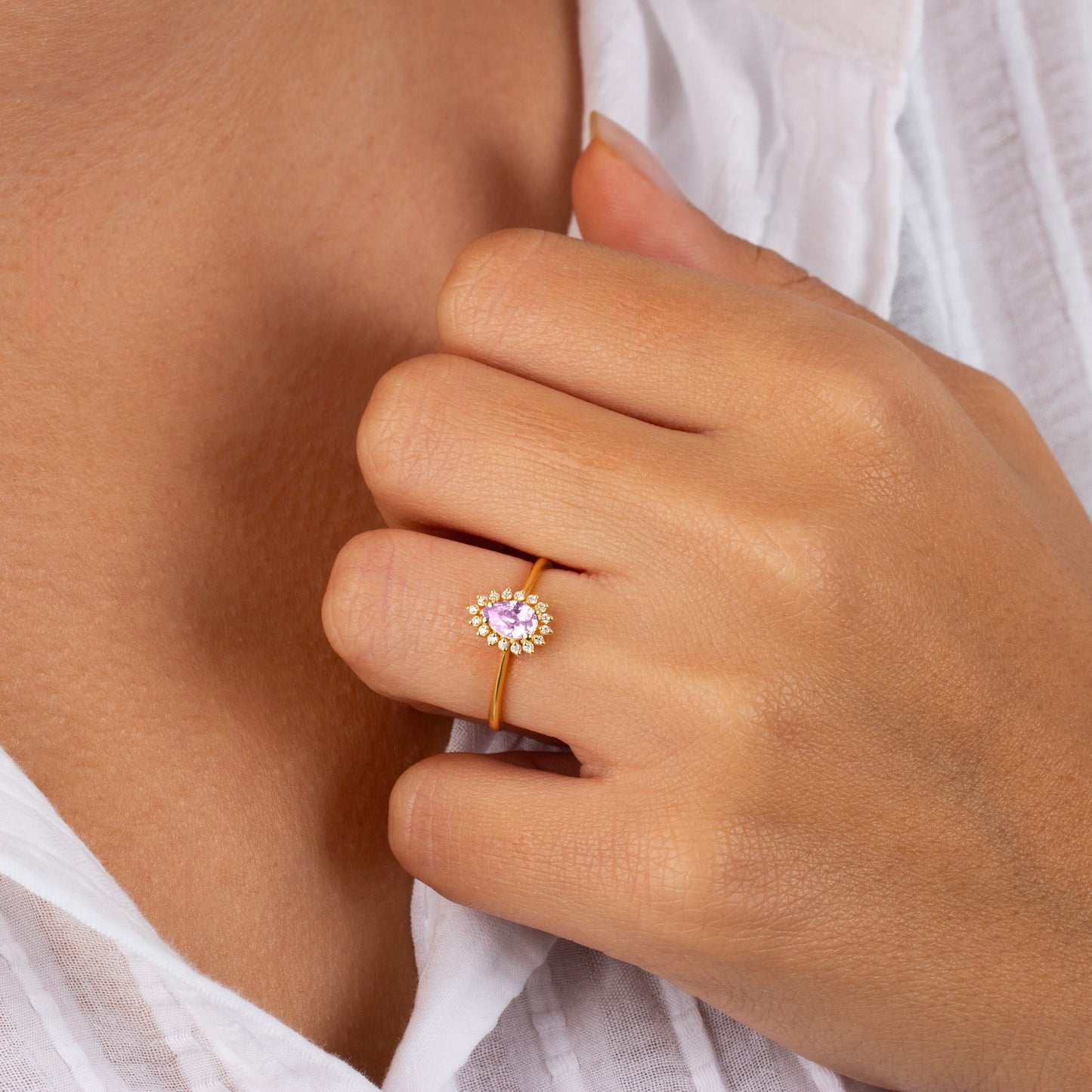 Teardrop Alexandrite Ring in 8K/10K/14K Solid Gold Surrounded with Real Diamonds, June Birthstone Jewelry