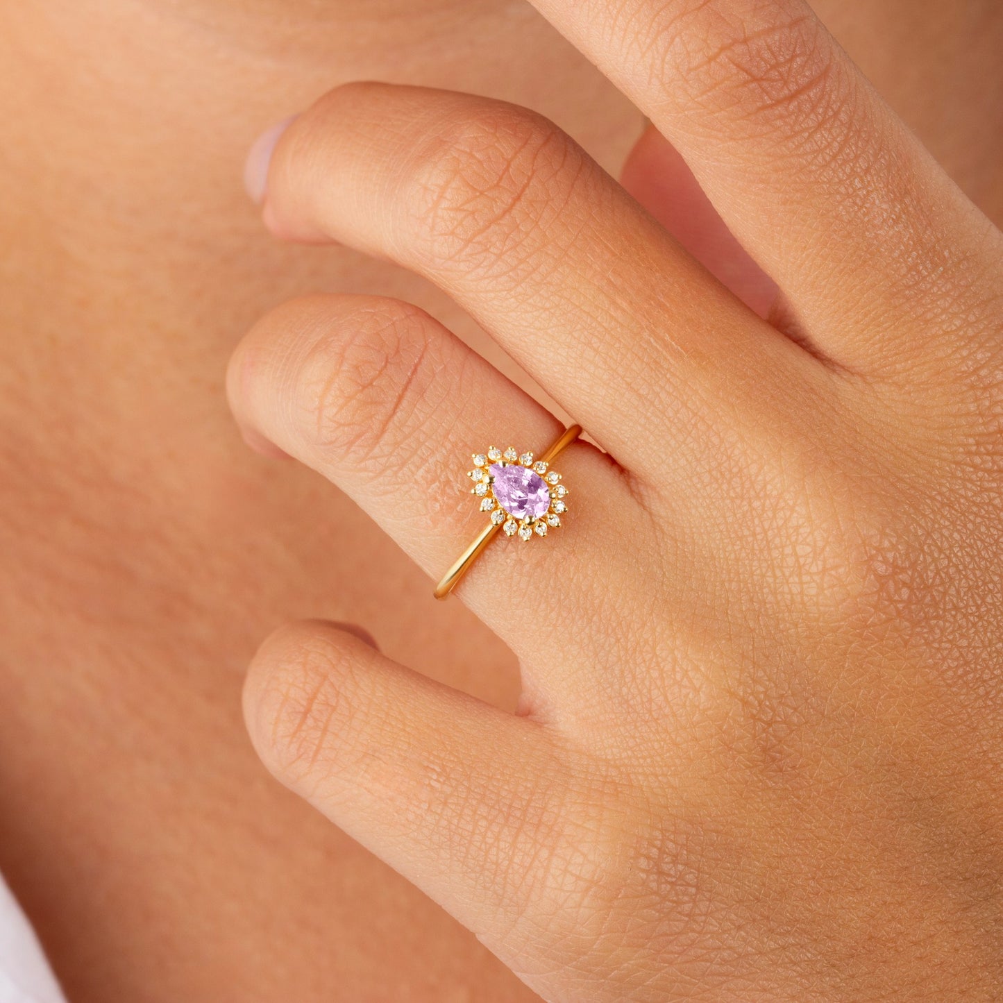 Teardrop Alexandrite Ring in 8K/10K/14K Solid Gold Surrounded with Real Diamonds, June Birthstone Jewelry